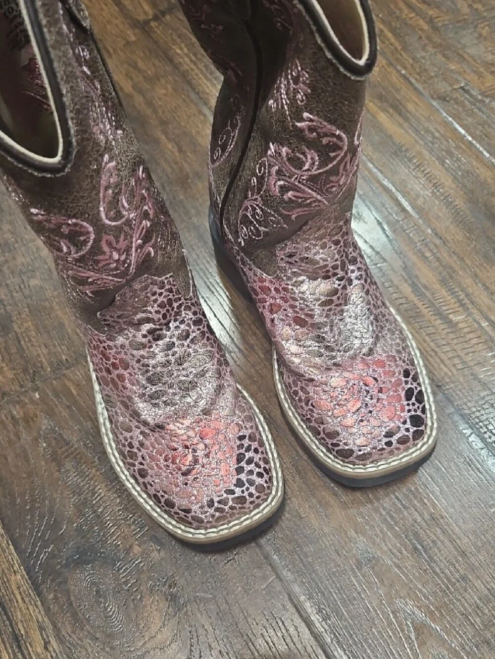 Old West Metallic Pink and Brown Girls Western Boots